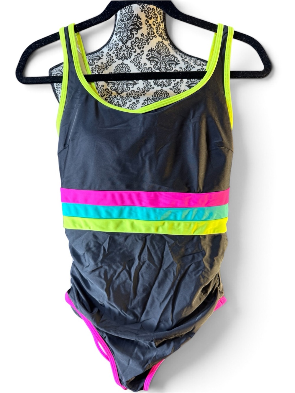 Popvil Neon Stripe Women’s Black Pink Teal Yellow One Piece Swimsuit NTW size M